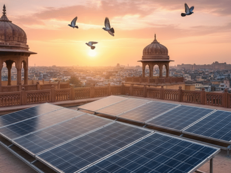 Solar panels on a city rooftop