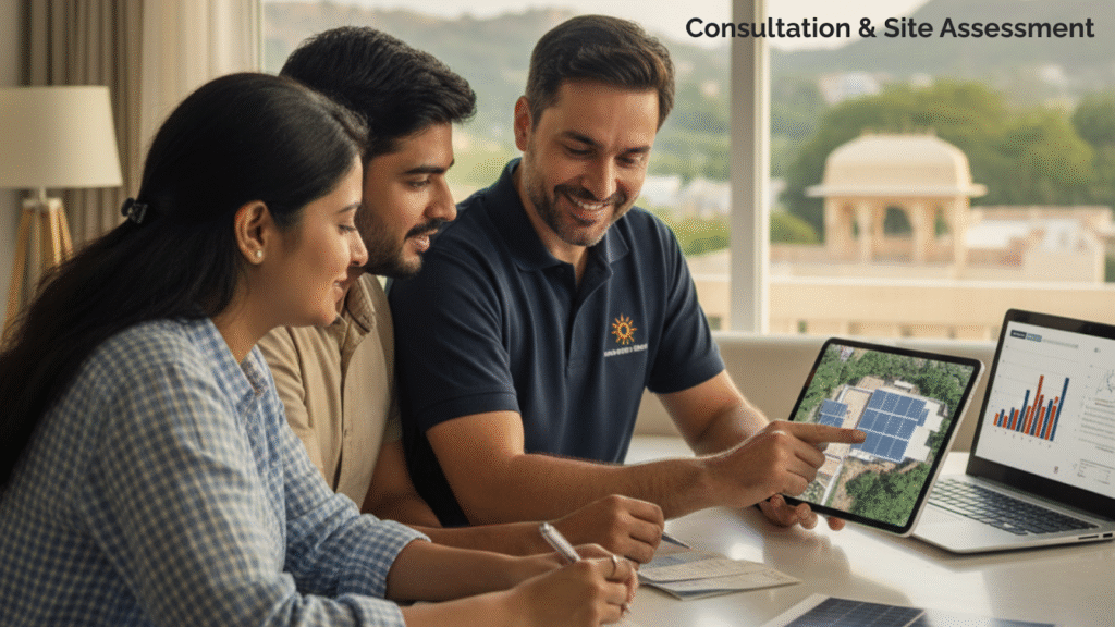 Solar consultant showing design to homeowners