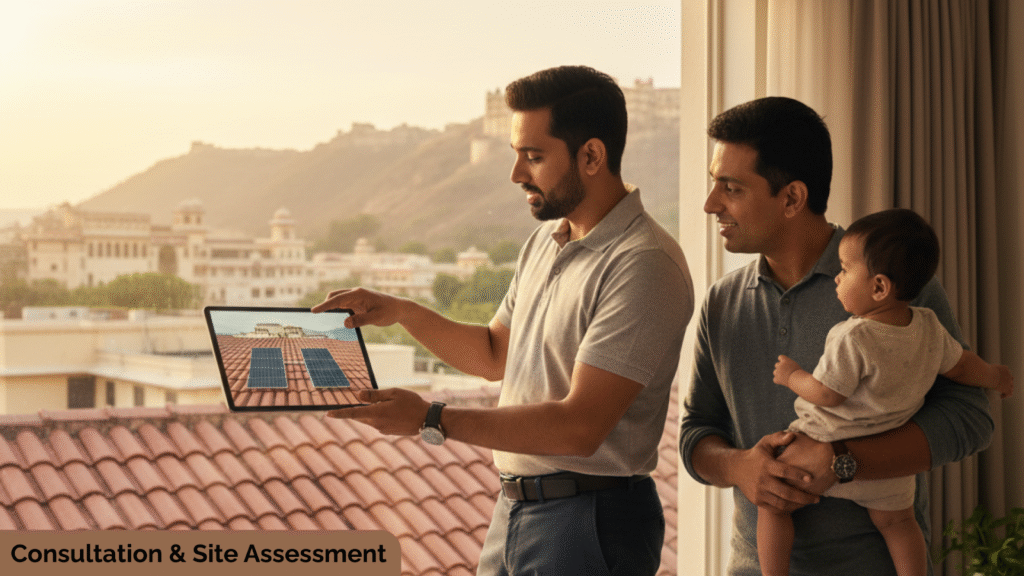 Solar consultant showing roof assessment for residential solar installation