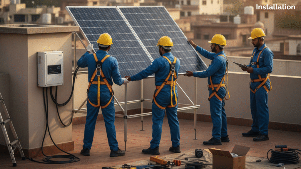 Professional team installing solar panels on a Jaipur rooftop