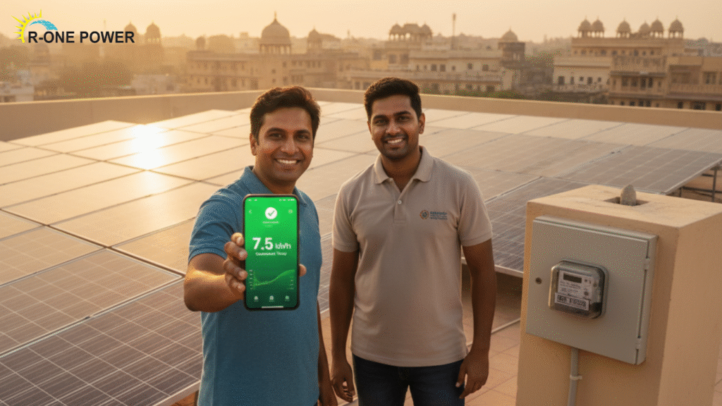 Homeowners checking solar system activation on an app