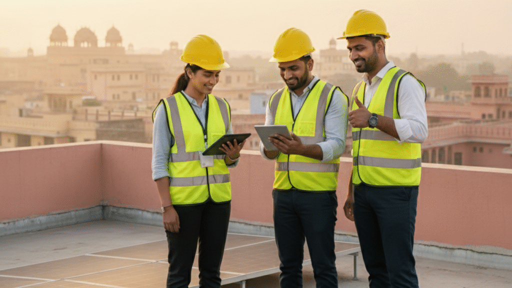 Homeowner discussing solar warranty with professional