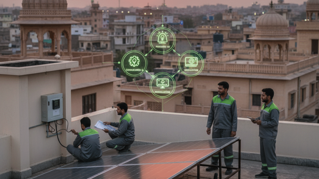 Solar installation team working on rooftop
