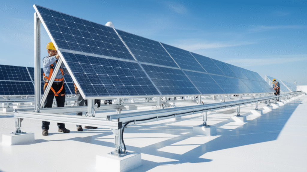 Indian workers install bifacial solar panels