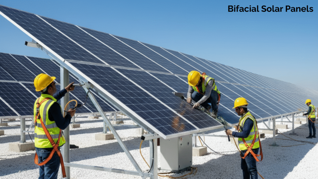 Indian workers mount solar panels