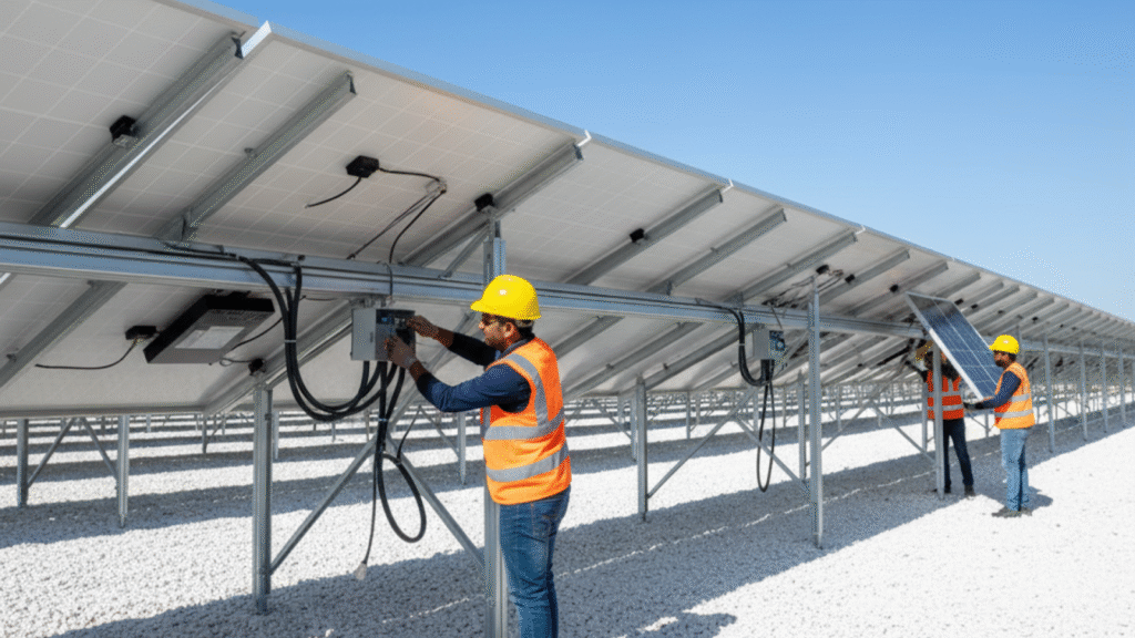 Indian technicians with solar panel wiring
