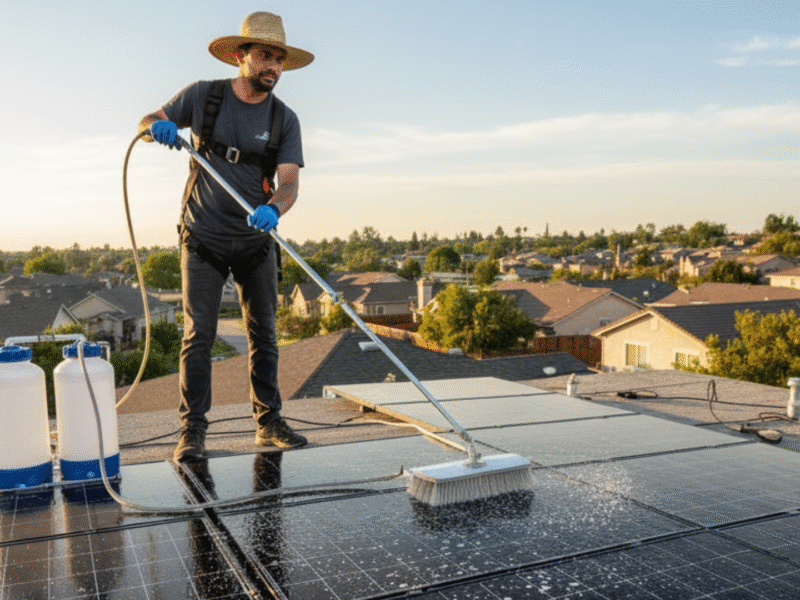 Indian man cleaning rooftop solar panels at sunrise