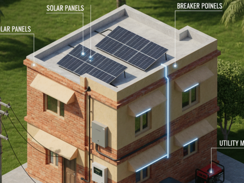 Diagram of solar energy system components on an Indian house