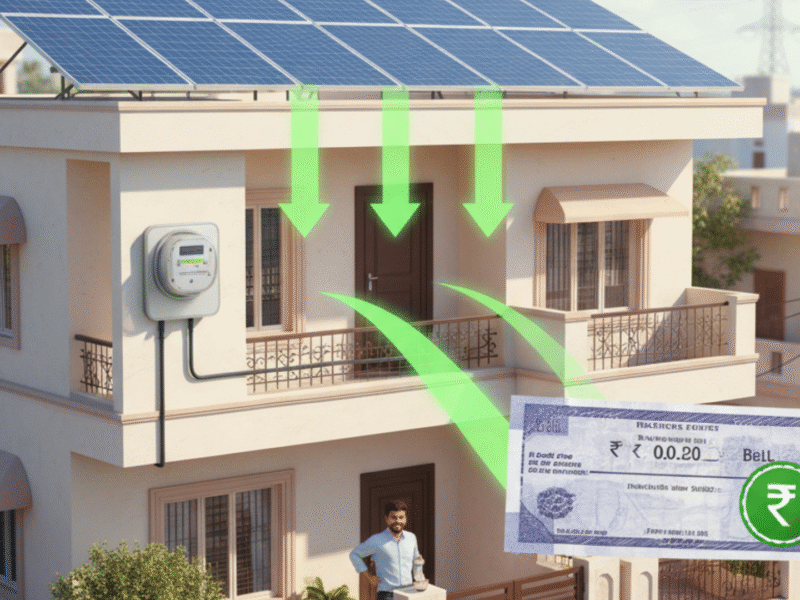 Indian home with solar panels, net metering reducing electricity bill to near zero