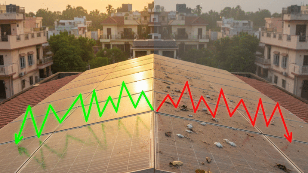Dirty versus clean solar panels on an Indian rooftop