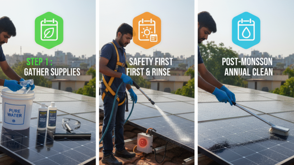 Man safely hosing down PV panels on a roof