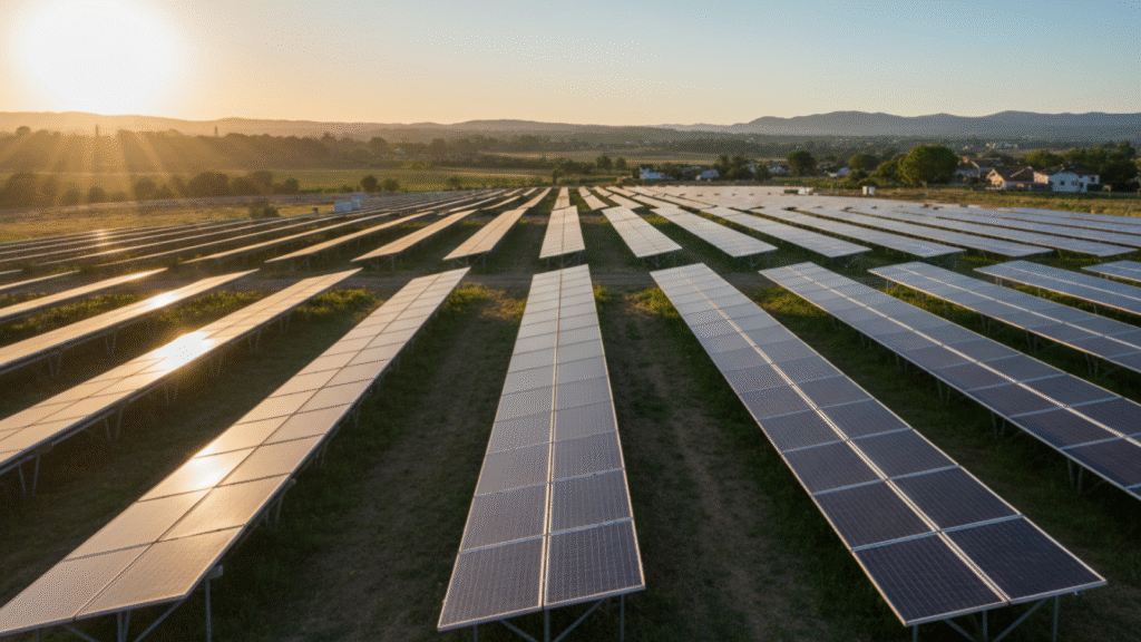 Solar panel field at sunset