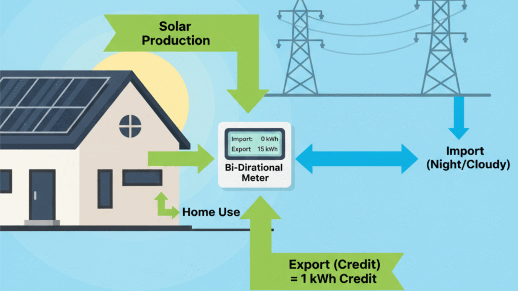 Bi-directional meter shows solar net metering flow on Indian house