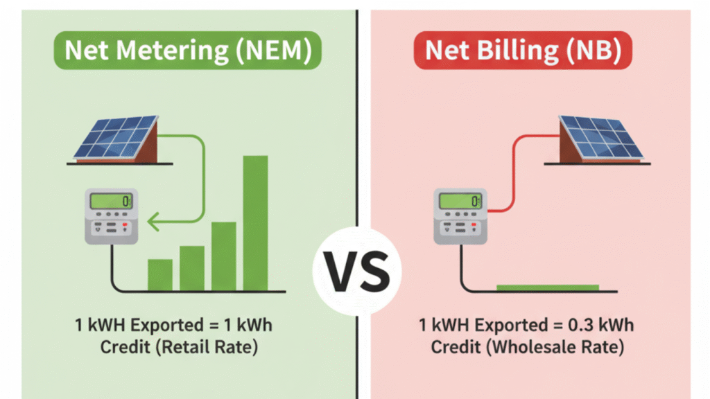 Comparison of Net Metering (1:1 credit) vs. Net Billing on Indian rooftops