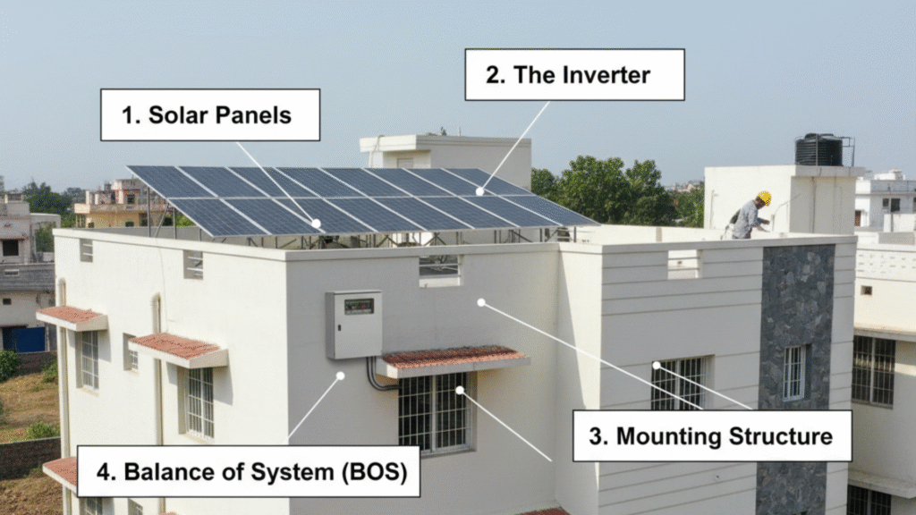 An Indian home with overlaid icons detailing the individual components of the solar setup cost