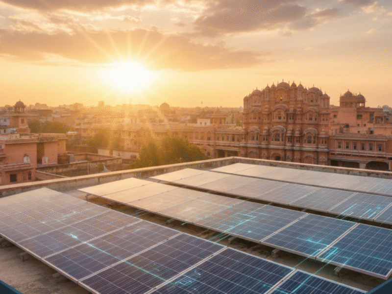 Jaipur skyline with rooftop 10kW solar panels at sunset, symbolizing smart investment
