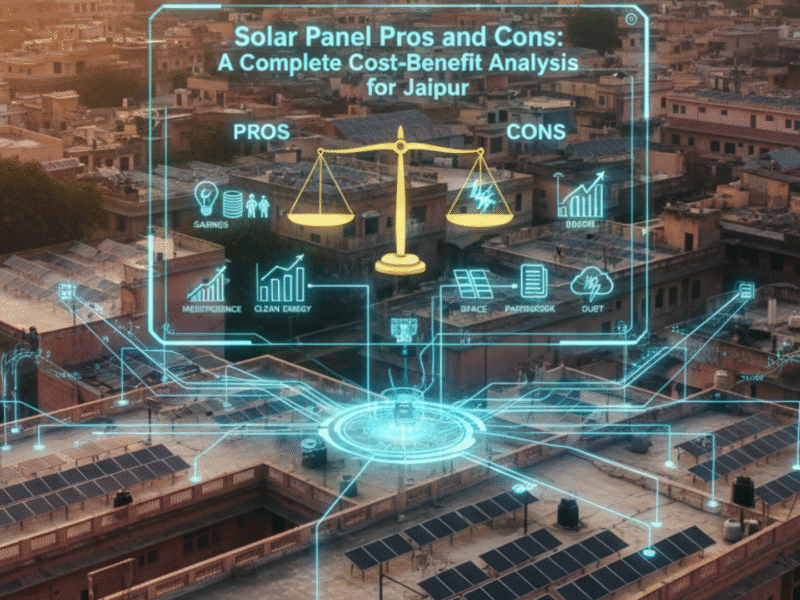 Solar panels on Jaipur rooftops with holographic scale balancing pros and cons