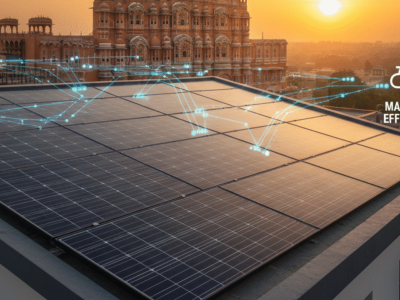 Jaipur rooftop with solar panels, Hawa Mahal, extreme heat, dust, and efficiency icons