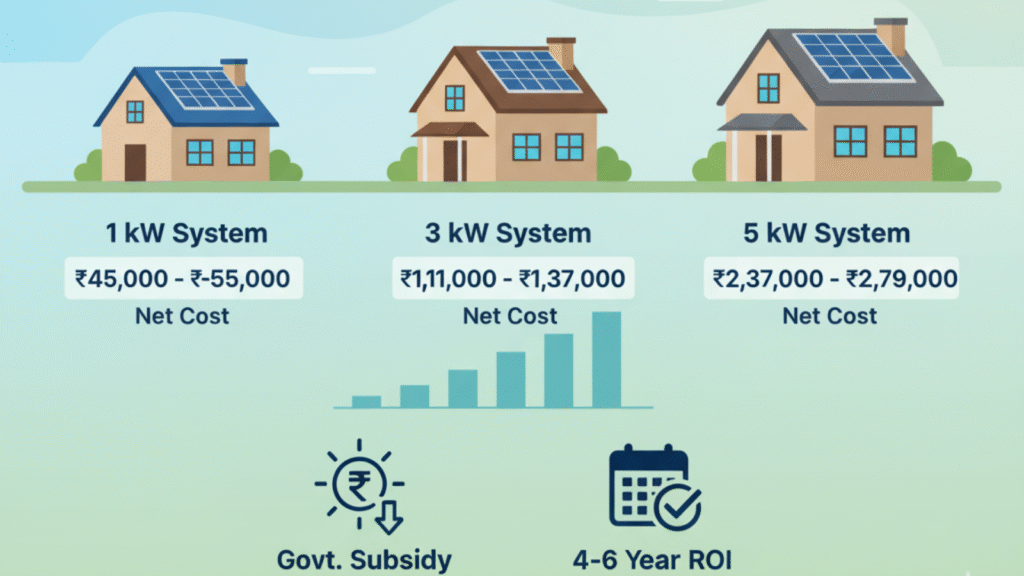 A visualization of different solar system sizes on homes with comparative pricing