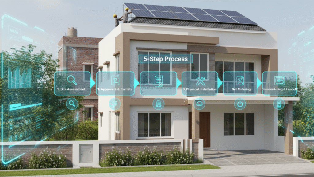 A visual representation of the step-by-step process for installing rooftop solar panels