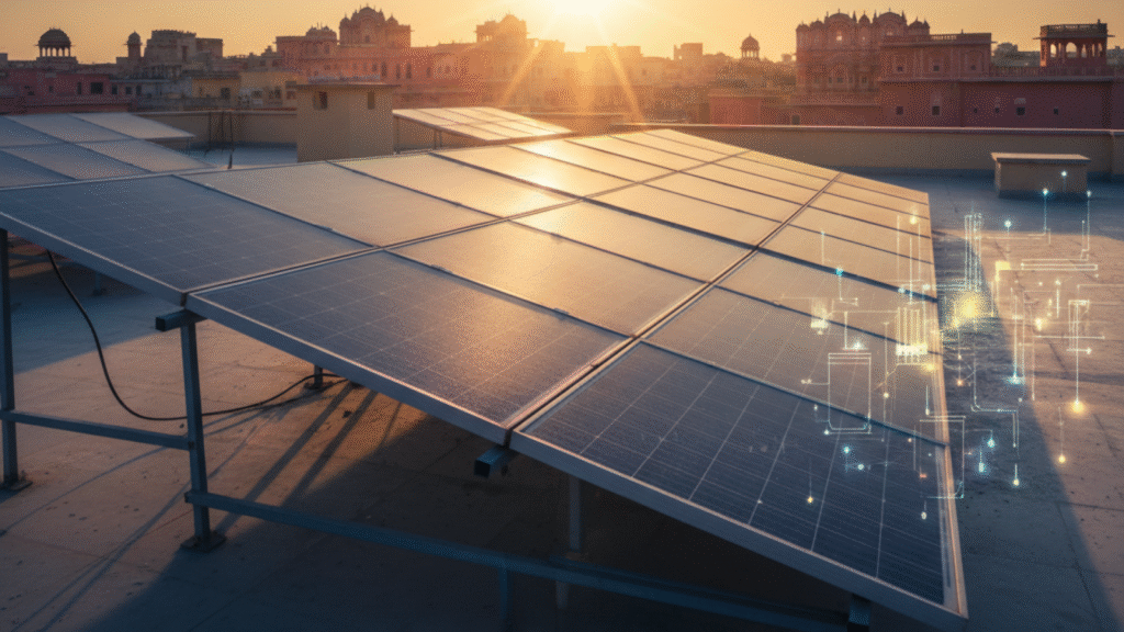 Rooftop solar panels in Jaipur city under bright sunlight, showing smart solar investment potential