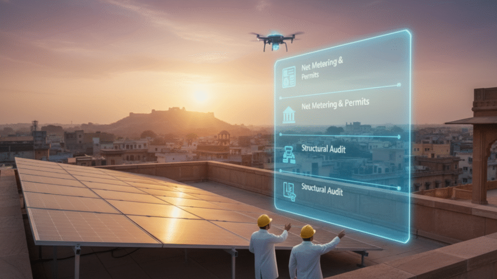 Engineers reviewing structural prerequisites and hidden costs for 10kW solar installation