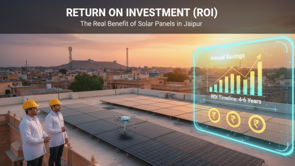 ROI chart and savings display on a solar rooftop, highlighting 10kW solar financial benefits in Jaipur