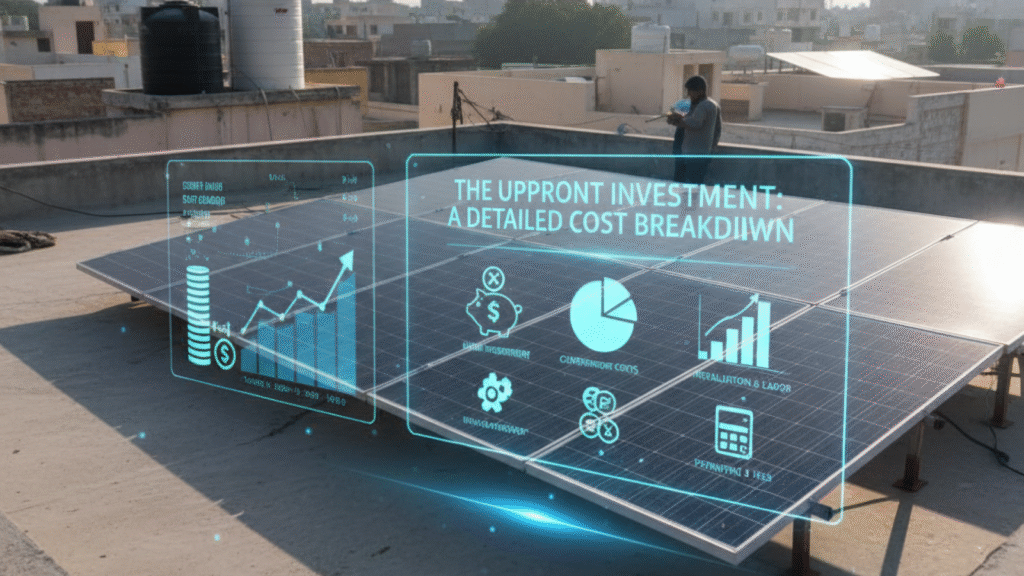 Aerial view of solar panels with holographic charts detailing cost breakdown