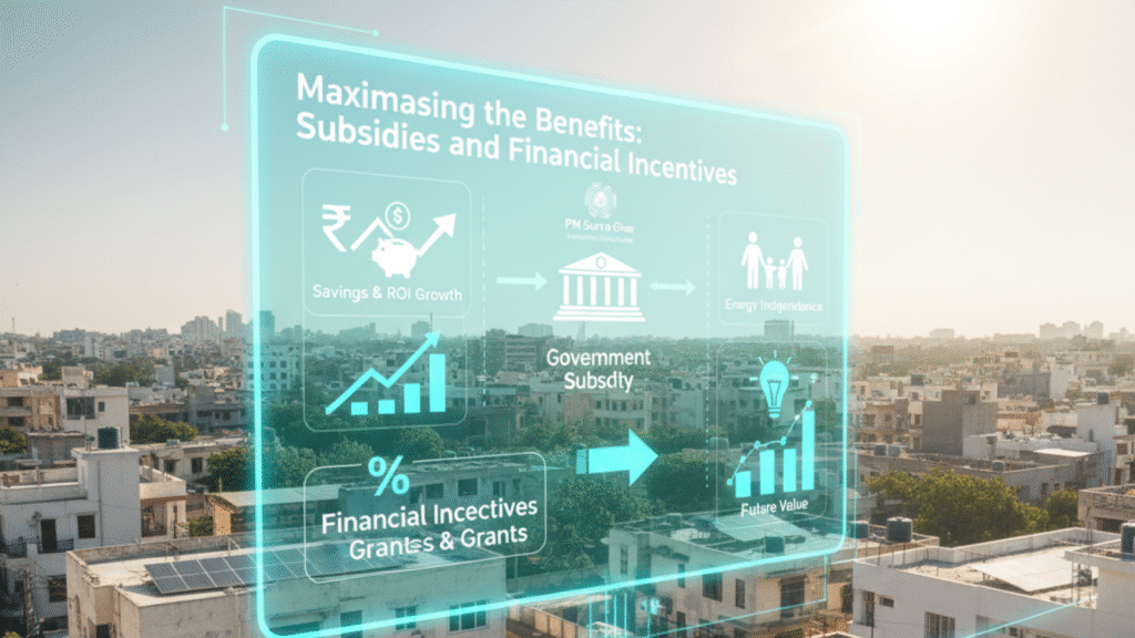 Solar city grid with holographic display showing financial growth and subsidies