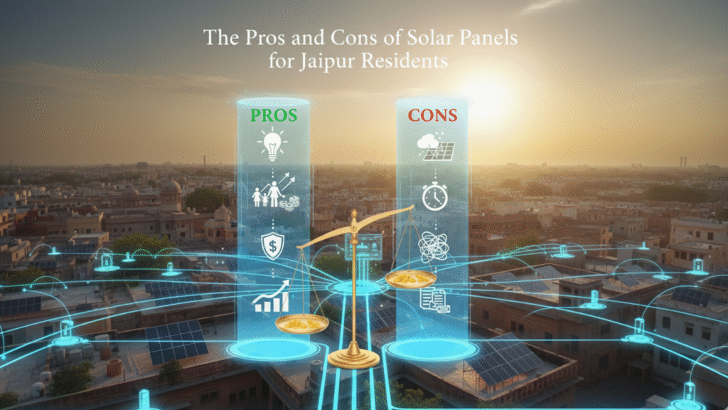 Dynamic urban view comparing solar benefits (light) with drawbacks (shadow/pollution)