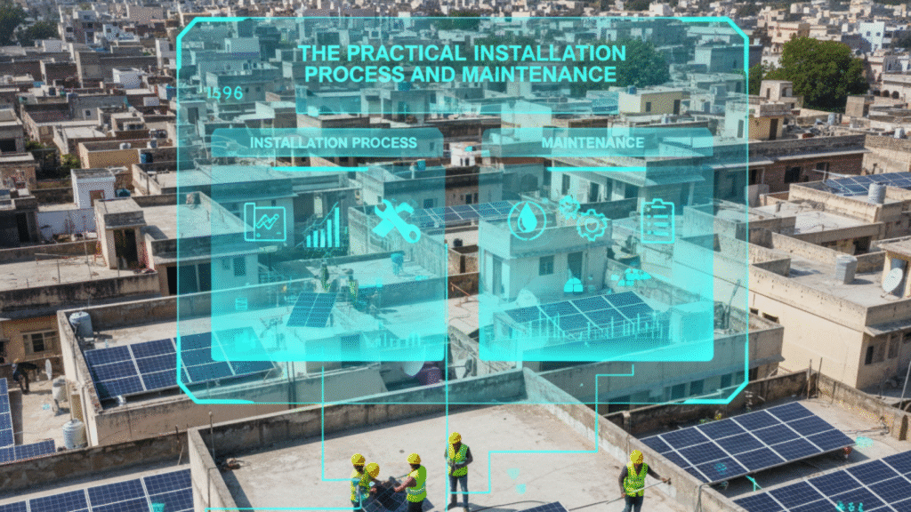 Aerial view of rooftop installation process with holographic maintenance checklist