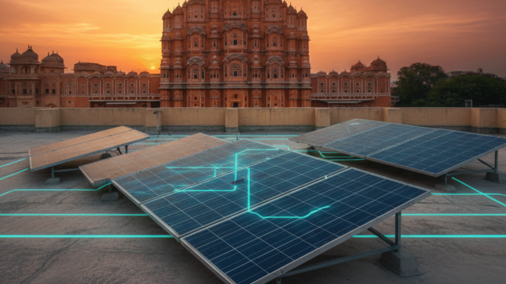 Jaipur solar panels on rooftop, showing heat, dust, and efficiency icons