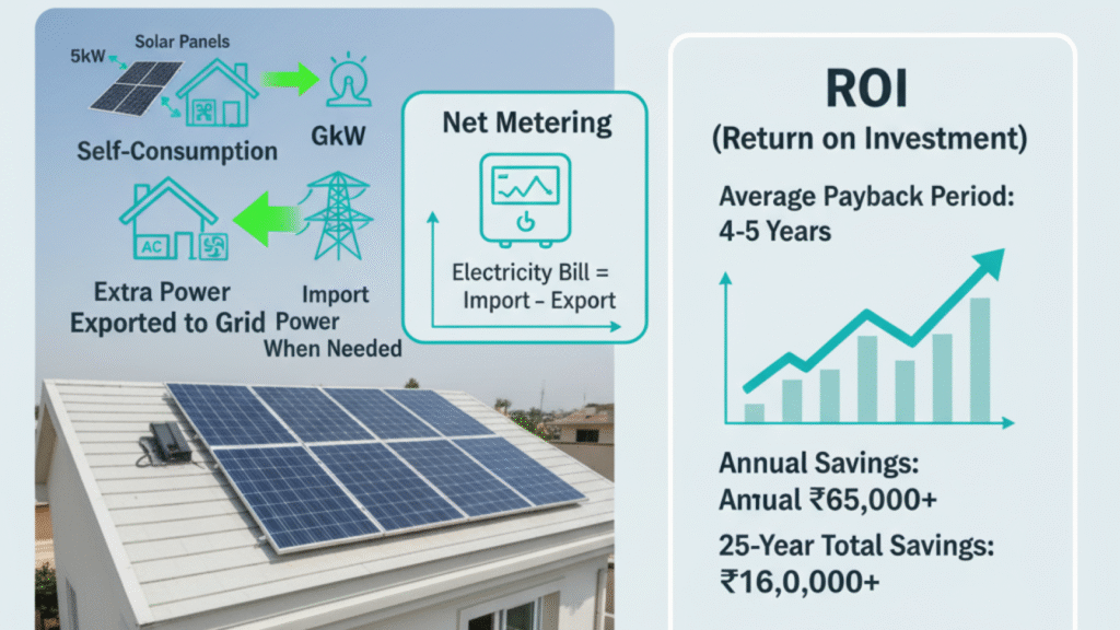 Net Metering benefits and ROI calculation for 5kW solar