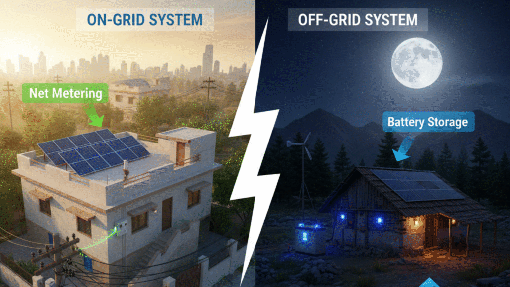Visual explanation of on-grid and off-grid solar system basics for Indian homes