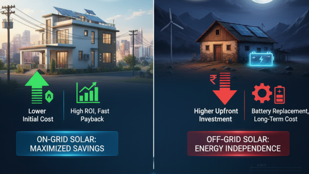 Financial comparison of on-grid vs. off-grid solar options
