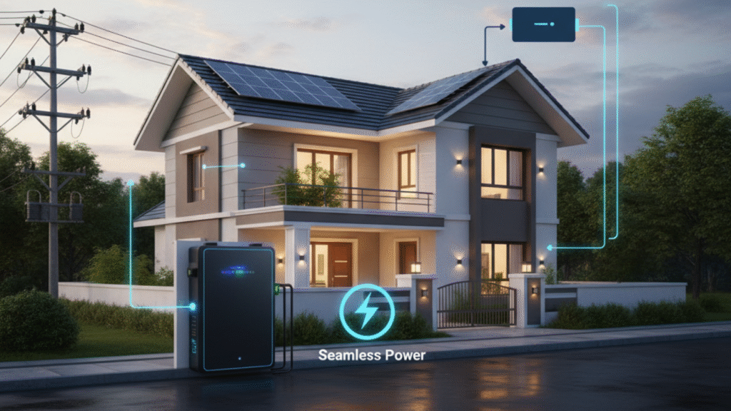 Diagram showing a hybrid solar system connecting to grid and battery