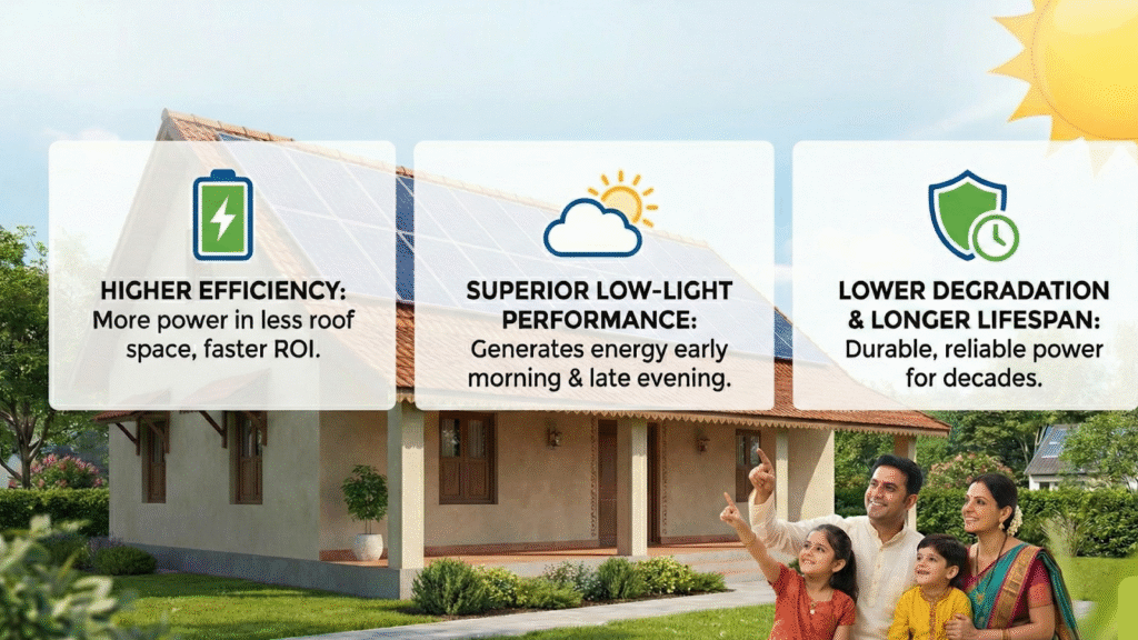 Rooftop solar panels showing high efficiency benefits