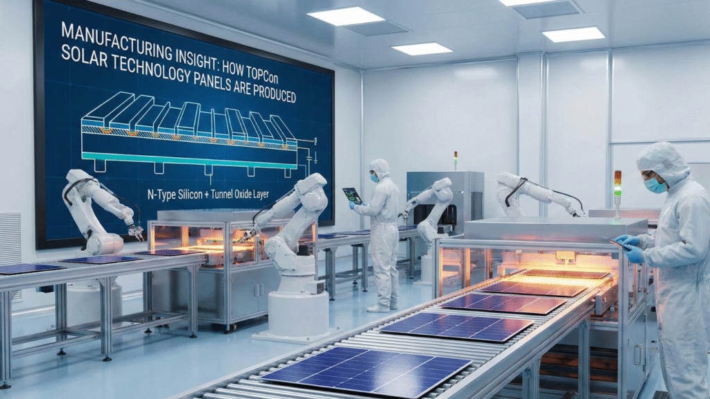 Automated solar panel manufacturing process inside factory